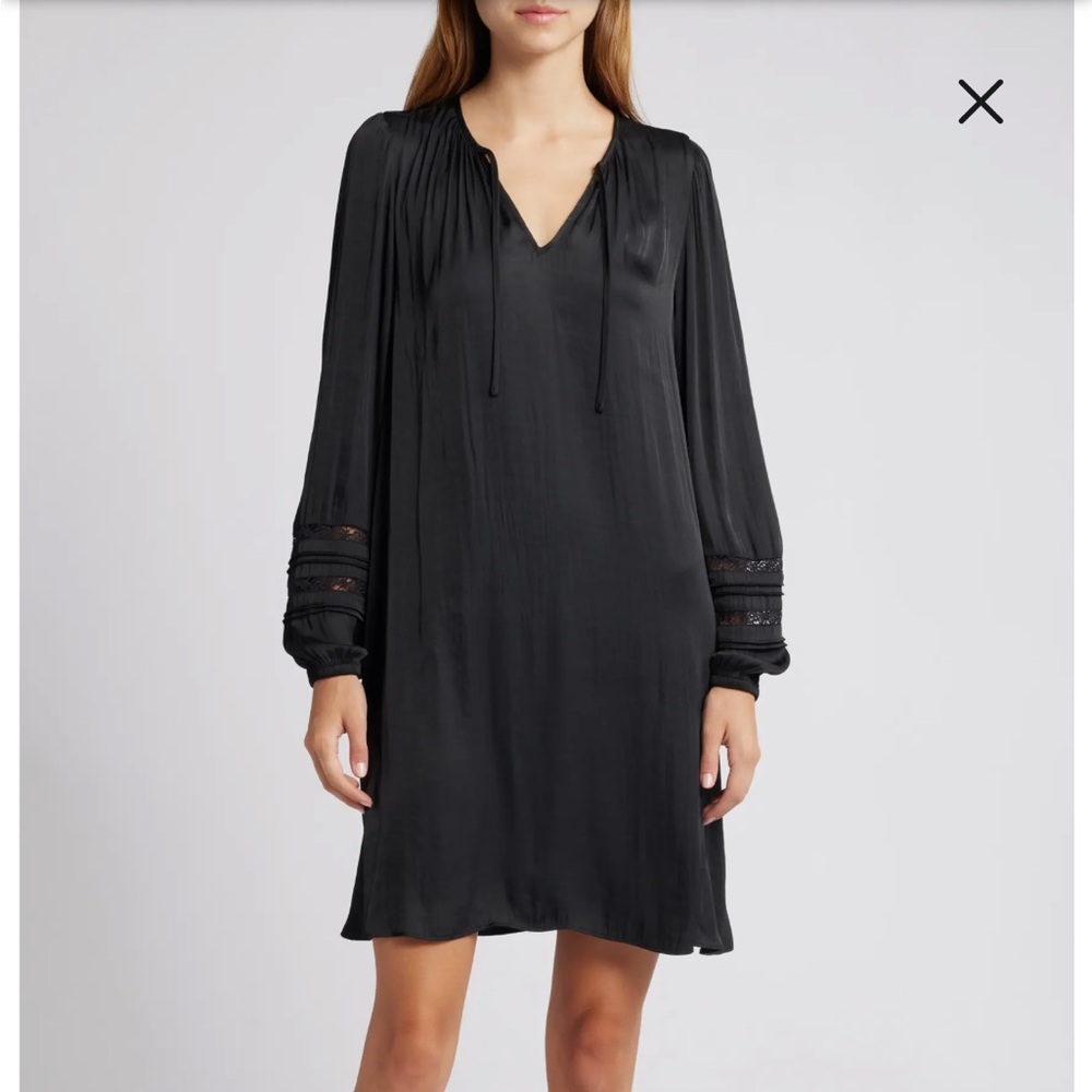 Boho Long Sleeve Hammered Satin Tunic Dress - black, size small